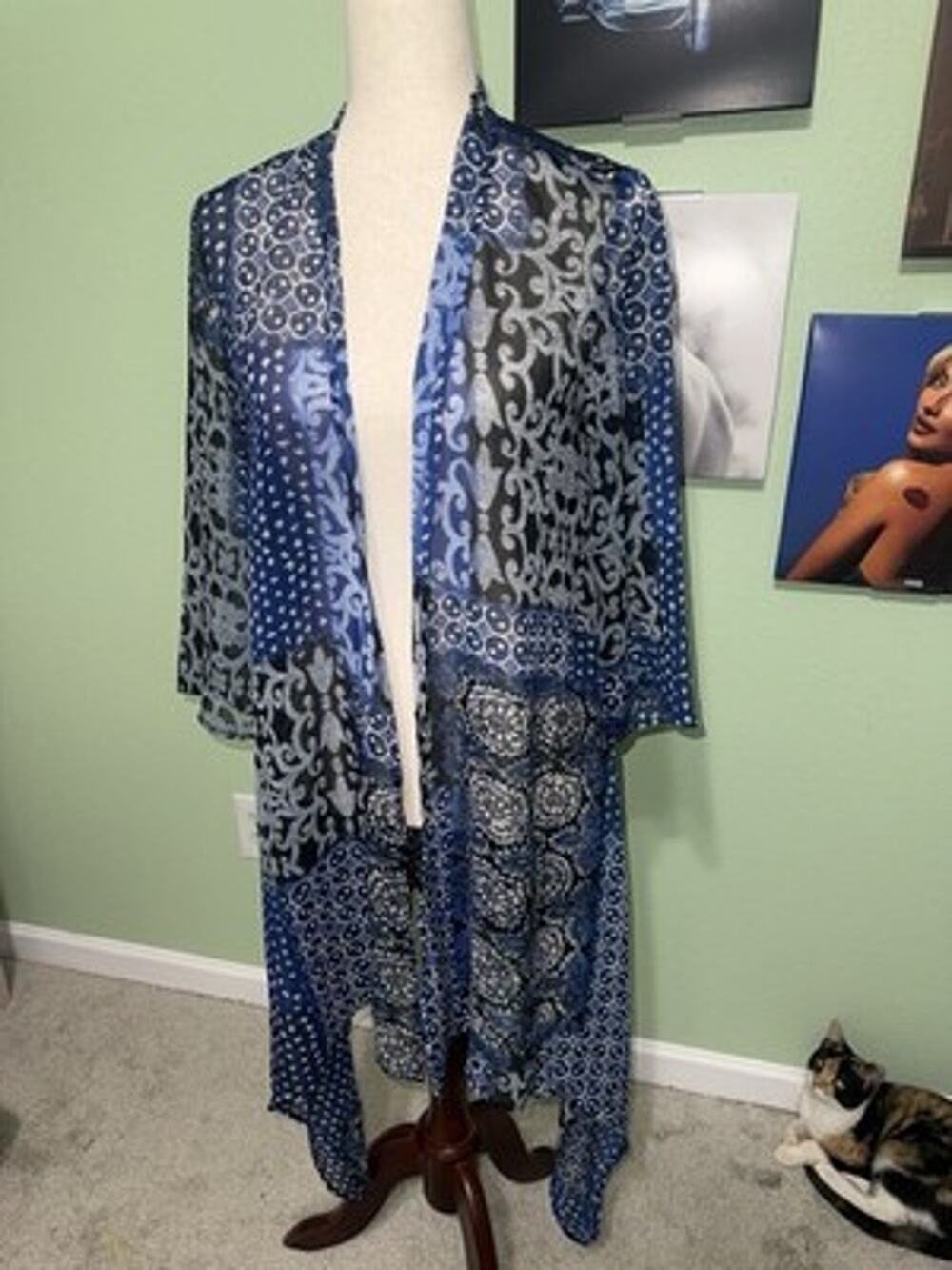 Chico's Size 0 Patchwork Print Open Front Duster Cardigan Kimono Blue Sheer
